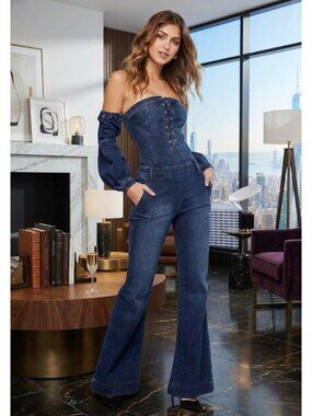 Vintage Bebe Off Shoulder Corset Bustier Bootcut Flare Denim Jean Jumpsuit 10 P